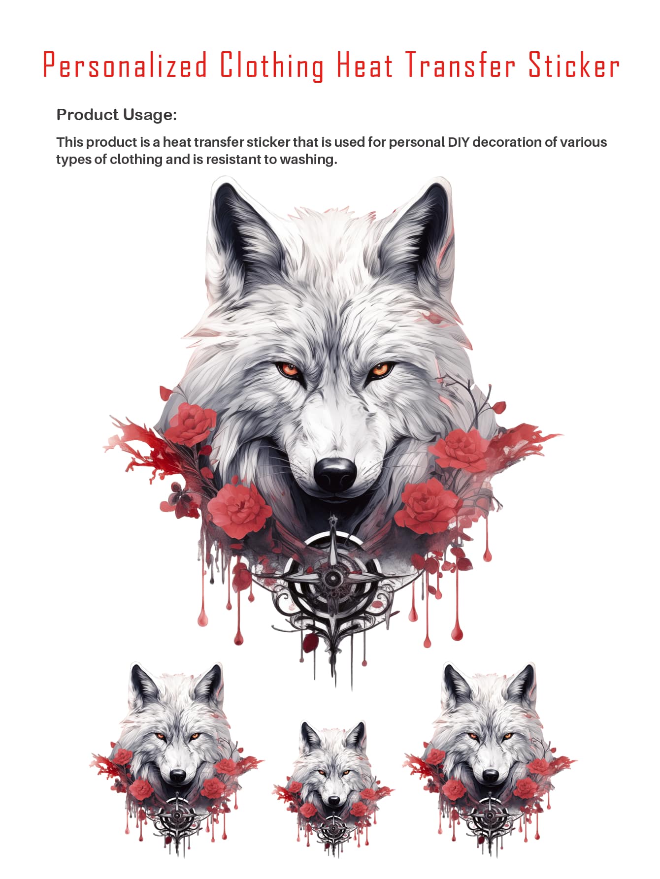 1pc Animal Design Flower Embellished Grey Wolf Head With 1 Big And 3 Small Pictures For Diy T-Shirt Heat Transfer Sticker - color - View 1