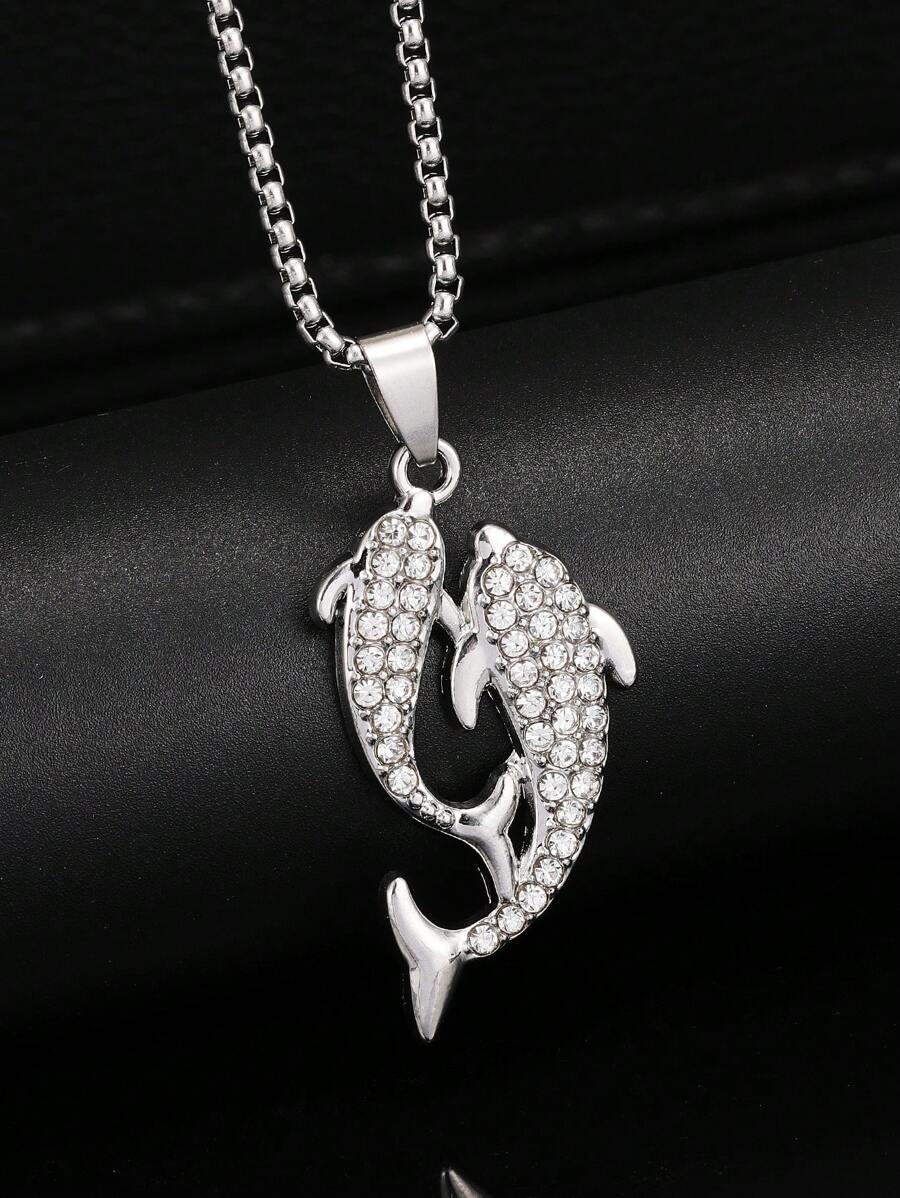 1入2024新黑白雙魚設計吊墜項鍊,鯉魚和鑽石,可愛的海豚細節和長款鈦鋼毛衣鍊,男女皆宜的時尚情侶日常配飾 - 鑲鑽海豚項鍊 - 查看 1