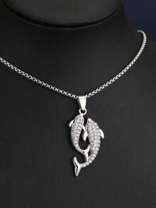 1入2024新黑白雙魚設計吊墜項鍊,鯉魚和鑽石,可愛的海豚細節和長款鈦鋼毛衣鍊,男女皆宜的時尚情侶日常配飾 - 鑲鑽海豚項鍊 - 查看 7