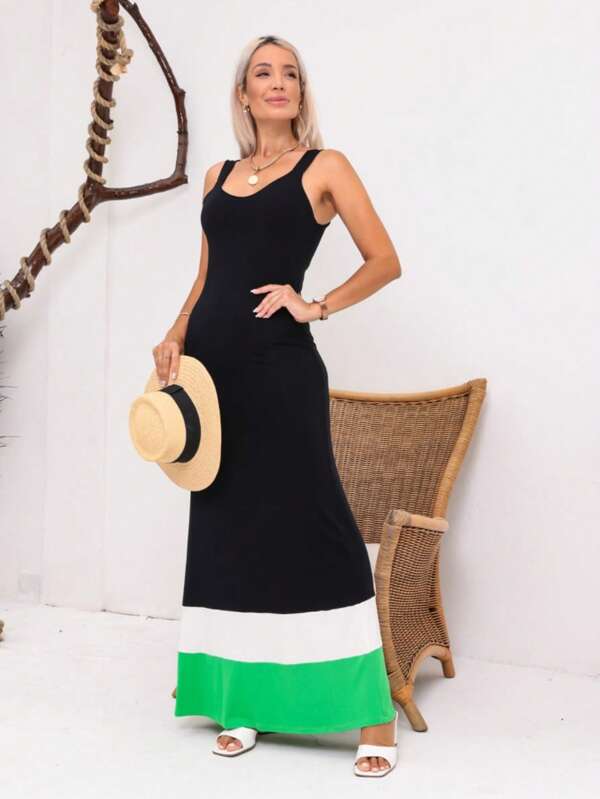 Vestido Longo Barrado De Alça