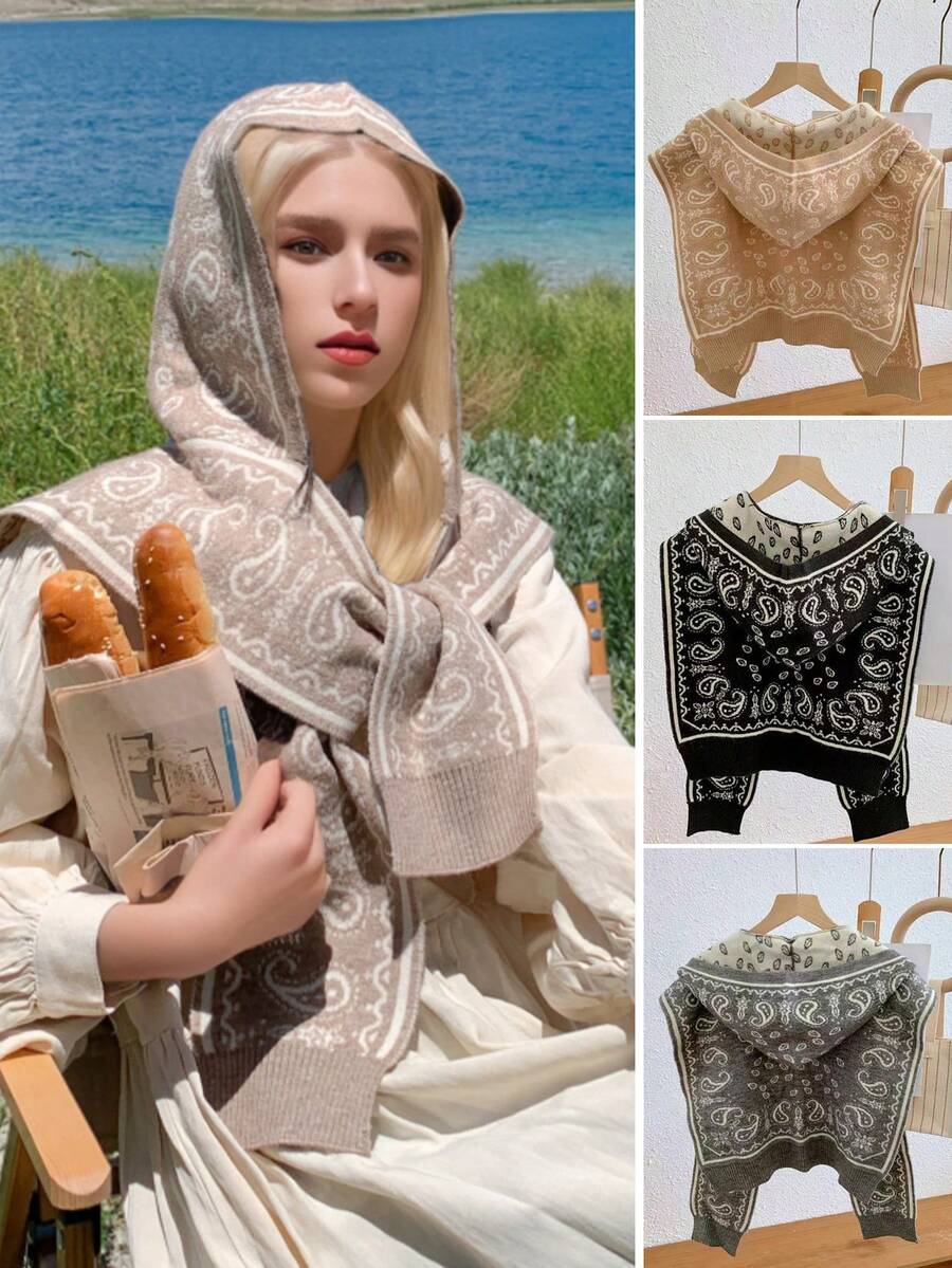 1入女款針織帽裝披肩,流蘇細節款式多變,適用於拍照和日常穿著,適用於春夏秋冬四季