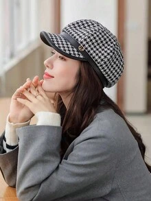 British Style Plaid Berets Elegant Houndstooth Warm Beret Hats Lightweight Painter Cap For Women Autumn & Winter - Black - View 2