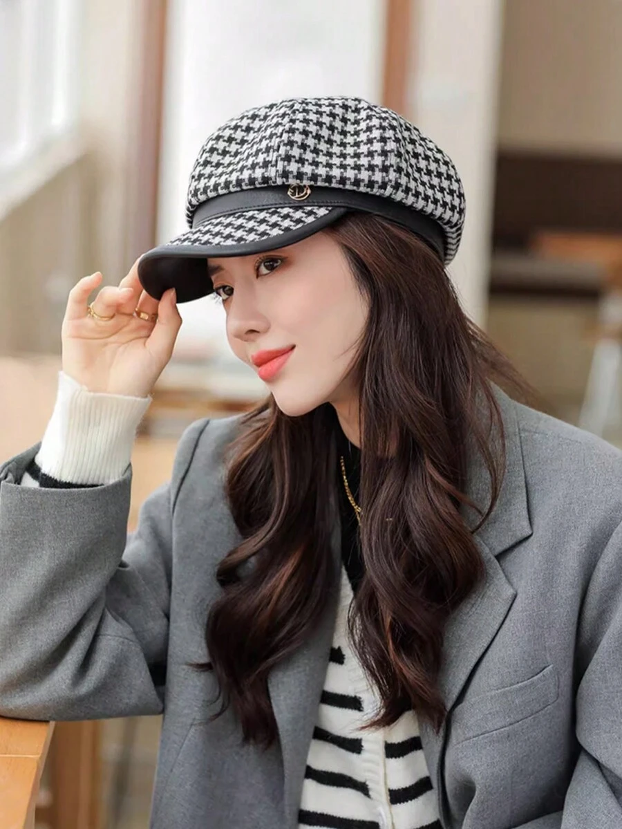 British Style Plaid Berets Elegant Houndstooth Warm Beret Hats Lightweight Painter Cap For Women Autumn & Winter - Black - View 1