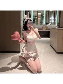 可愛性感兔女郎女僕cosplay制服套裝 - 粉紅白色 - 查看 2