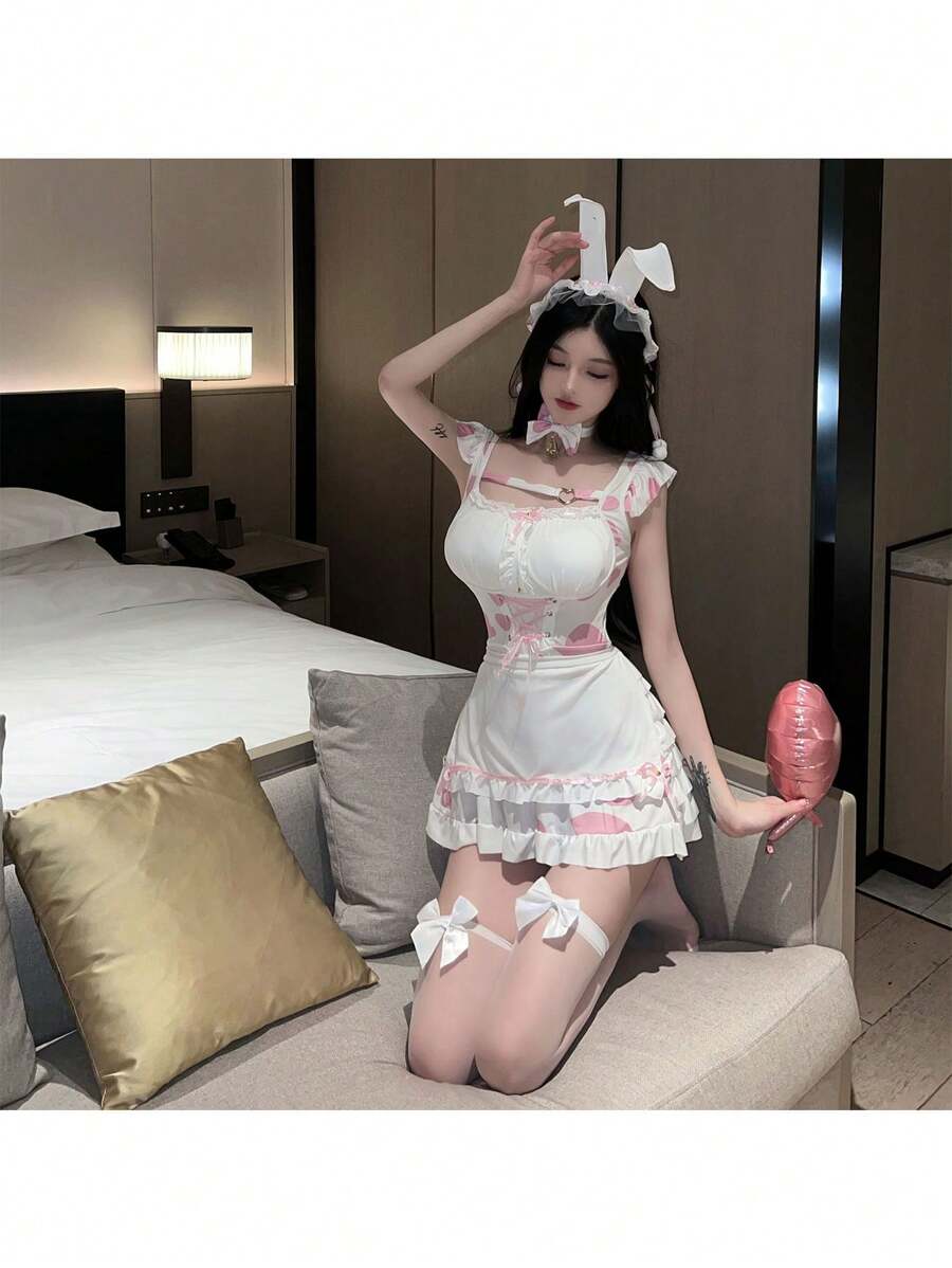 可愛性感兔女郎女僕cosplay制服套裝 - 粉紅白色 - 查看 1