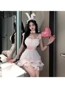 可愛性感兔女郎女僕cosplay制服套裝 - 粉紅白色 - 查看 4