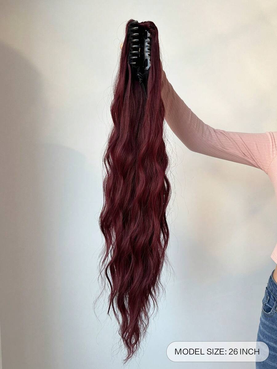 Claw Ponytail Extension Long Water Wave Hair Wine Red 26 Inch Heat