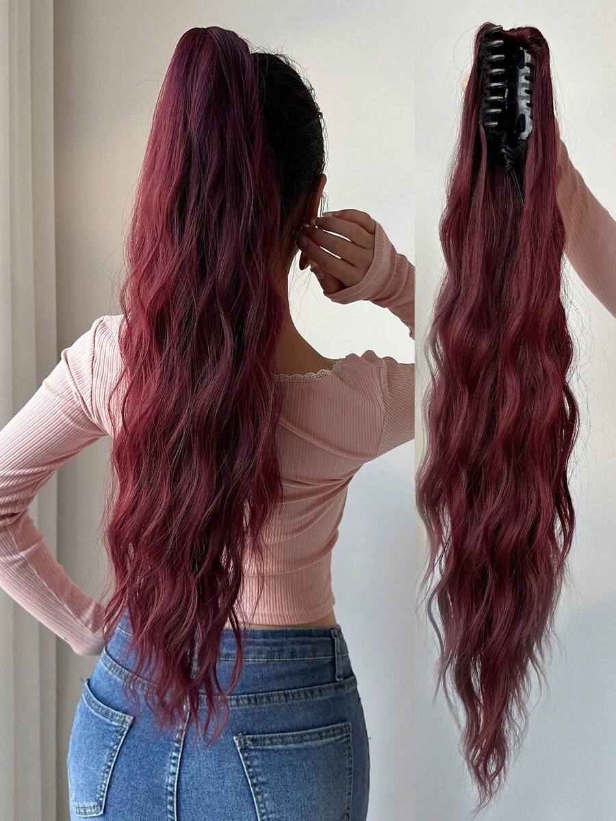 Claw Ponytail Extension Long Water Wave Hair Wine Red 26 Inch Heat