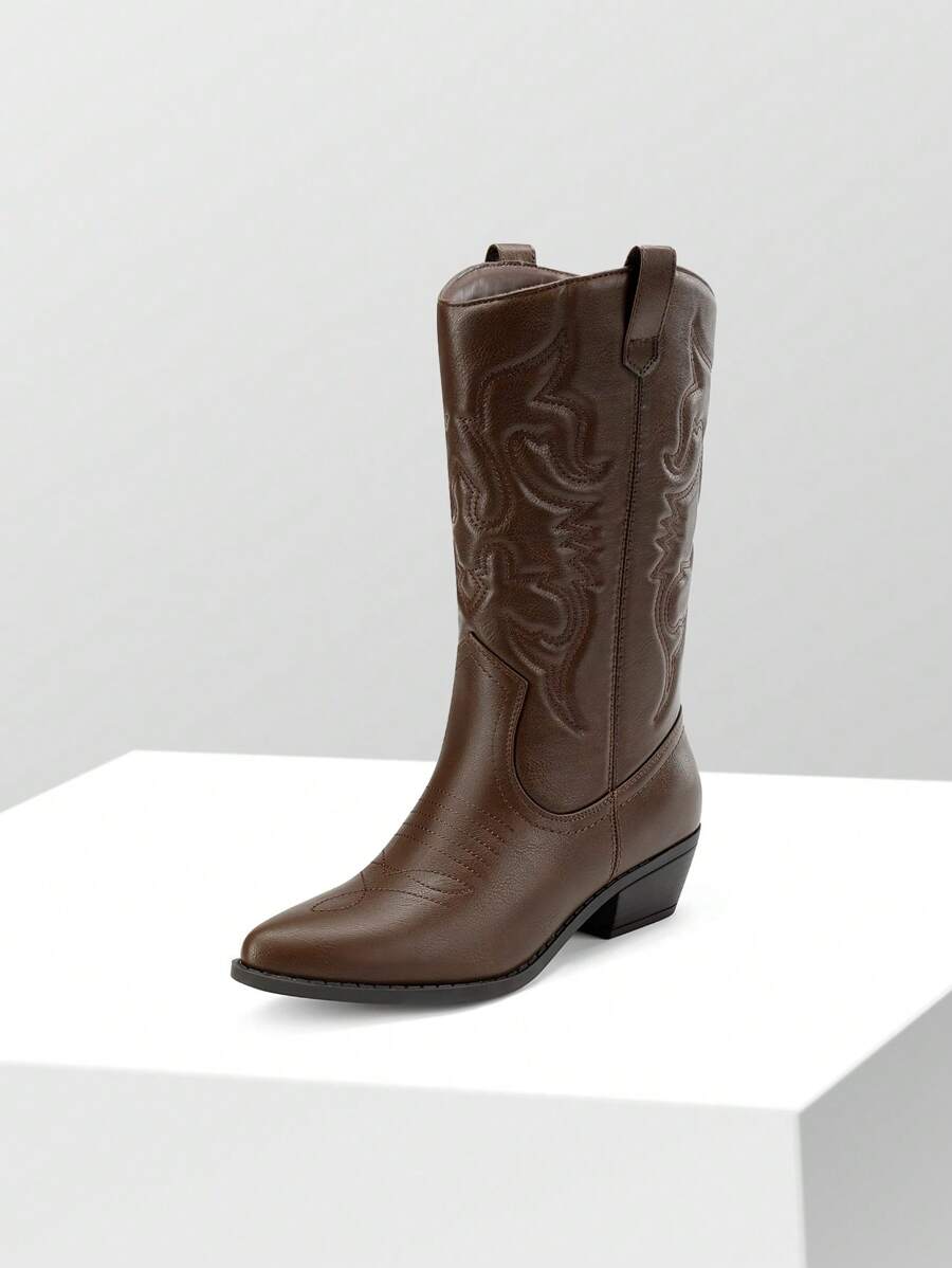 Women'S Cowboy Western Boots Pull On Cowgirl Boots Point Toe Embroidered Detail Chunky Heeled Mid Calf Boots Winter Christmas Valentine's Day Festive Black Boots - 棕色 - 查看 1