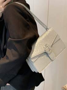 1pc Silver Fashionable Chain Shoulder Crossbody Bag, Spacious And Multilayered For Women - Silver - View 8