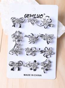 12入隨機發送的鑽石花簇胸針套裝,適用於女性 - 銀色 - 查看 8