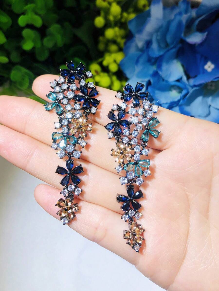 1 对双色优雅皇家蓝锆石花簇吊坠耳环，适合女士派对情人节 - 彩色 - 查看 1
