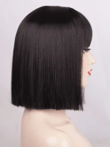 12英吋直髮帶劉海短髮假髮,黑色,耐高溫合成纖維髮,適用於cosplay和日常穿著 - 黑色 - 查看 3