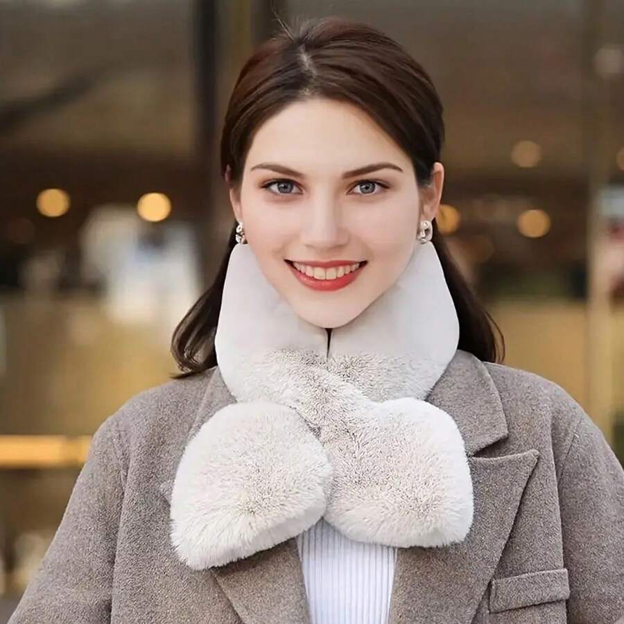 1pc Faux Fur Cross Design Scarf, Warm & Comfortable Women's Autumn/Winter Scarf, Fashionable Holiday Accessory - Beige - View 1