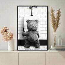 1 pièce - Image sur canevas abstraite style vintage d'un ours buvant de la bière et urinant dans les toilettes. Idéal pour décoration murale de salle de bain à la maison.