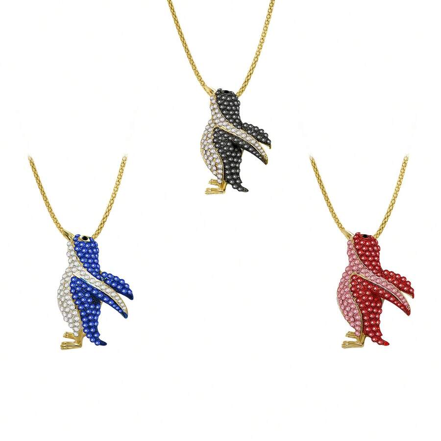 1pc Cute Multicolor Rhinestone Shiny Penguin Fashion Luxury Creative Crystal Necklace For Women Girl Cute Children Cartoon Animal Jewelry - Penguin - View 1