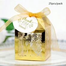 25pcs/Pack Reflective Gold Candy Box Wedding Favor Boxes With Ribbon & Thank You Tag For Festival, Party, Chocolate, Bride Groom Design, Exquisite Hollow Out Pattern, Christmas - Gold - View 2