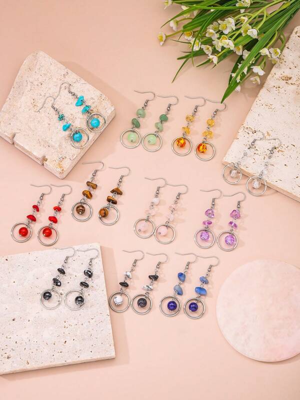 1 Paar Damen Ohrringe mit Tigerauge, blauem Kristall, rosafarbenem Kristall und anderen asymmetrischen Steinen (Ohrhaken aus Edelstahl)