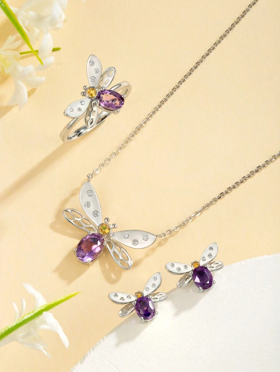 1 套天然紫色水晶鑲嵌 S925 純銀材質時尚小蜜蜂設計戒指、耳環、吊墜和項鍊套裝女式,適合日常佩戴,送給女朋友、家人的禮物 - 銀色 - 查看 1