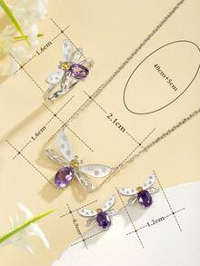 1 套天然紫色水晶鑲嵌 S925 純銀材質時尚小蜜蜂設計戒指、耳環、吊墜和項鍊套裝女式,適合日常佩戴,送給女朋友、家人的禮物 - 銀色 - 查看 7