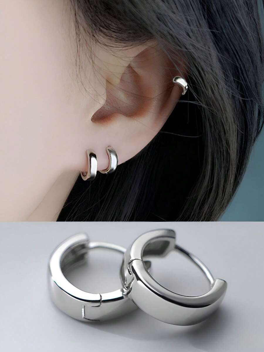 1pair 925 Sterling Silver Ear Hoop With 3mm Width, Smooth Surface And Comfortable To Use For Both Men And Women. Suitable For Daily Wear And As A Minimalist Gift For Festival. - Silver - View 1