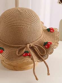 1 套新款女孩可愛公主風格櫻桃針織草編帽子適合防曬、海灘和日常佩戴 - 棕色 - 查看 3