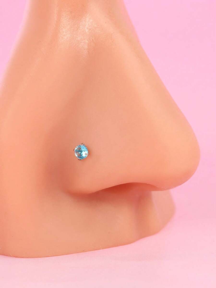 新品迷你鋯石裝飾歐式不鏽鋼骨釘鼻環 - 藍色 - 查看 1