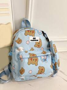 Cartoon Bear Printed Children Backpack, Lovely Kindergarten Schoolbag For Traveling, Large Capacity - Blue - View 2