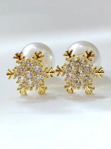 Cubic Snow Flower Double Side Pearl Stud Earring - Gold - View 11