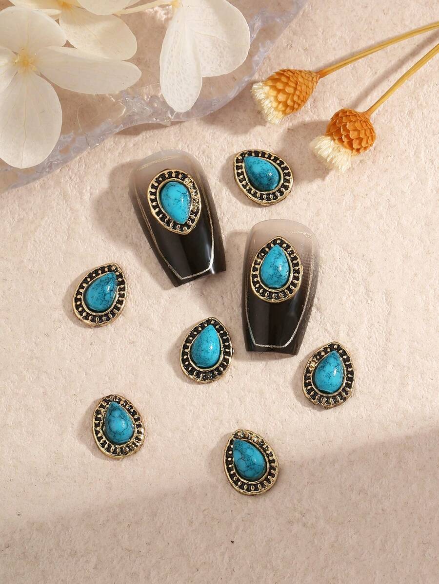 5入組復古水滴形狀的綠松石美甲飾品,配有宮廷風格,適用於diy美甲貼紙