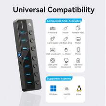 Vention Usb 3.0集線器,8個usb 3.0端口,7個歐式插頭,黑色美式插頭usb底座,帶有dc 12v / 2a電源適配器,type C轉usb擴展線適用於具有電源開關和dc 5.5毫米電源適配器的筆記型電腦pc - 黑色 - 查看 8