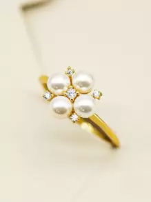 BALMORA 1pc Al Vintage & Fashionable & Personalized S925 Silver Plated Gold Faux Pearl Inlaid Rhinestone Flower Ring, Women's Gift Accessory Wedding Bridal Jewelry Valentines - Gold - View 1