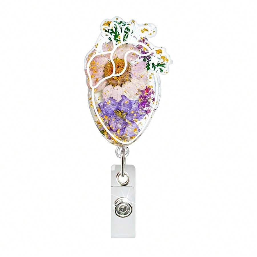 花朵徽章卷扣掛飾聖誕禮物,子宮、牙齒、腎臟、肺形狀幹花樹脂卷扣醫生徽章,可撤回的識別卡卷扣,適用於護士、醫生和學生 - 紫色 - 查看 1