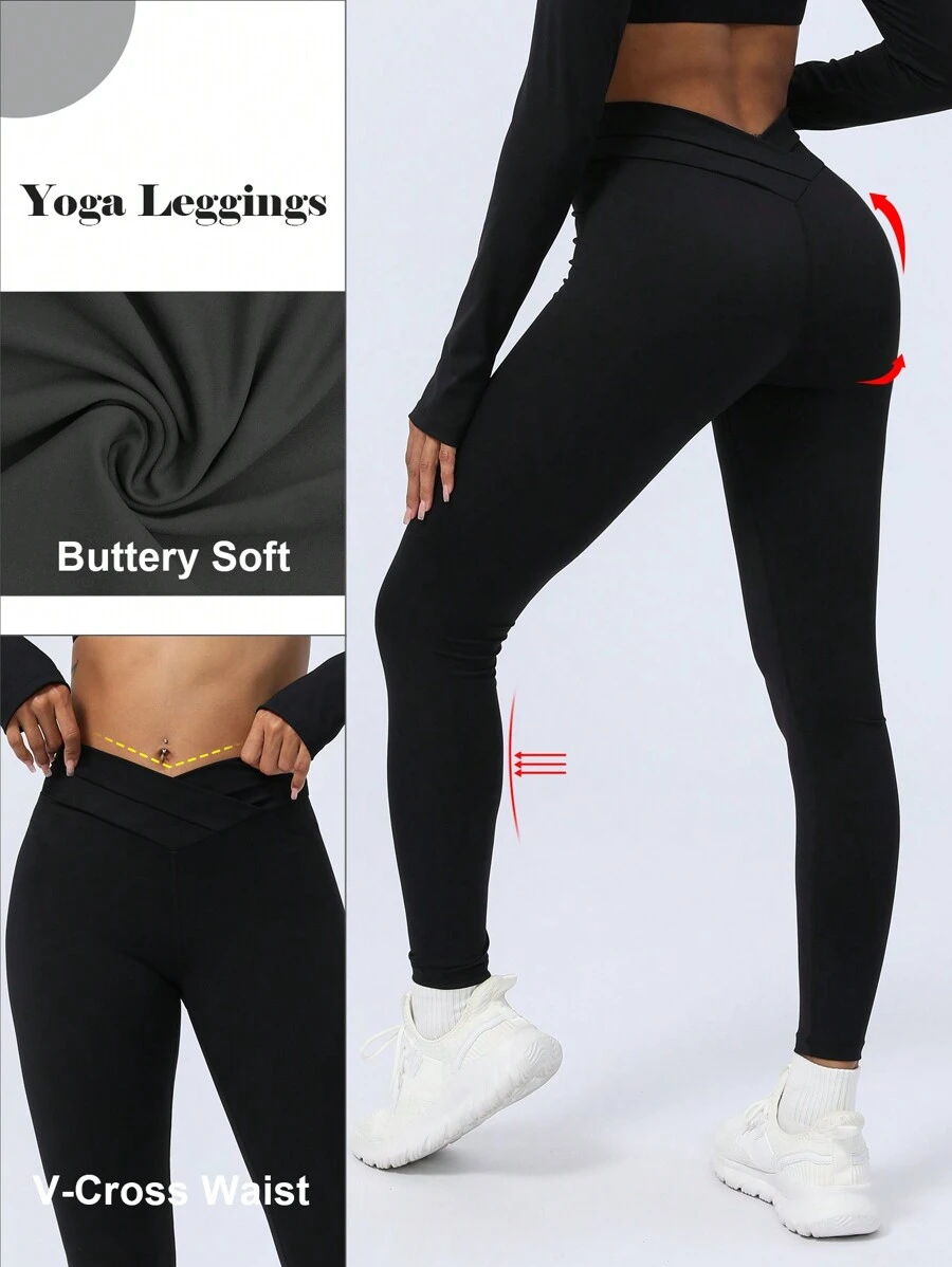 女士跨交錯束縛桃心提升瑜珈運動健身打底褲 - 黑色 - 查看 1