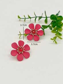 1pair Fashionable Simple Red Flower Stud Earrings - Red - View 4