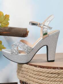 女士流行粗跟鑲鑽涼鞋,11公分高跟和防水底平台,夏季必備單品 - 銀色 - 查看 5