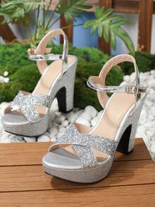 女士流行粗跟鑲鑽涼鞋,11公分高跟和防水底平台,夏季必備單品 - 銀色 - 查看 9