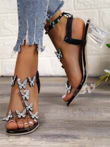 Women's High Heel Sandals, Solid Color, 3d Butterfly, Pearl & Rhinestone Decor, Transparent Strap, Crystal Chunky Heel, Elegant & Gorgeous Style, Ideal For Weddings, Parties, Dates And Daily Wear - Black - View 2