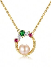 1pc S925 Sterling Silver Pendant Necklace Embedded With Colorful Cubic Zirconia And Natural Freshwater Pearl, Original Design, Suitable For Daily, Party And Dating Wear - Yellow Gold - View 1