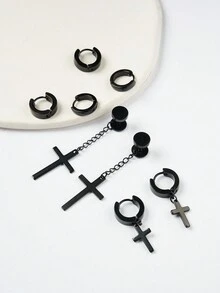 4對/組男士不鏽鋼吊墜耳環,黑色龐克風格圈通&耳釘耳環,適合日常穿戴 - 黑色 - 查看 5