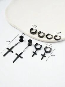 4對/組男士不鏽鋼吊墜耳環,黑色龐克風格圈通&耳釘耳環,適合日常穿戴 - 黑色 - 查看 2