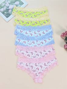 6入組性感可愛比基尼女褲組,情人節模仿女士內衣,蝴蝶印花對比蕾絲修邊6包低腰三角褲內衣,多色組裝 - 彩色 - 查看 2