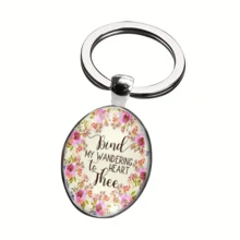 'bind My Wandering Heart To Thee' 圓形玻璃鑰匙扣,花紋經文鑰匙扣,徒禮物 - 復古銀色 - 查看 3