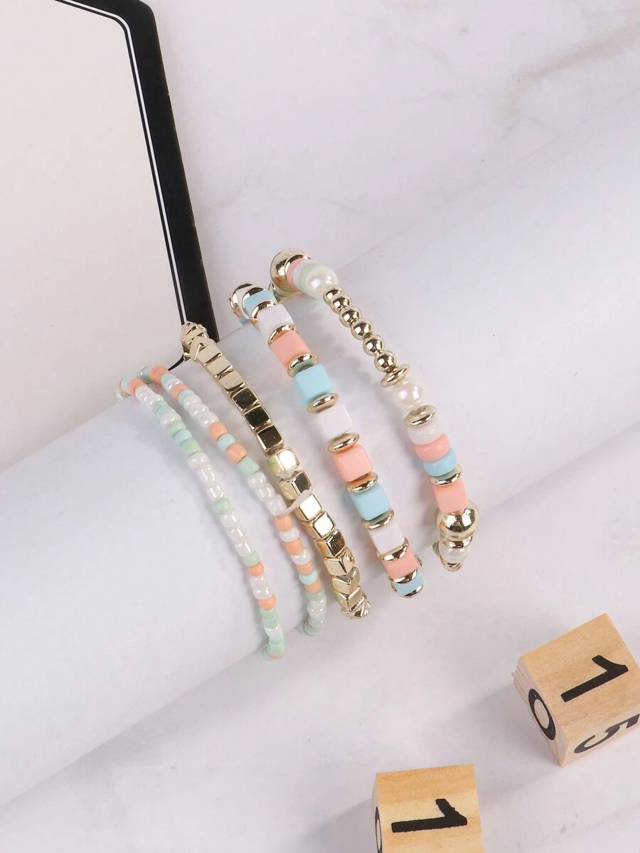 5 件/套波西米亞風格手工珠寶多層可調式串珠手鍊 - 彩色 - 查看 1