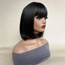 Mixed Brown Color Short Bob Wigs With Bangs 10 Inch Straight Wigs For Women Natural Synthetic Hair Replacement Wigs Heat Resistant Wigs For Daily Party Halloween Party - Black-brown - View 4