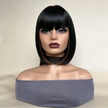Mixed Brown Color Short Bob Wigs With Bangs 10 Inch Straight Wigs For Women Natural Synthetic Hair Replacement Wigs Heat Resistant Wigs For Daily Party Halloween Party - Black-brown - View 2