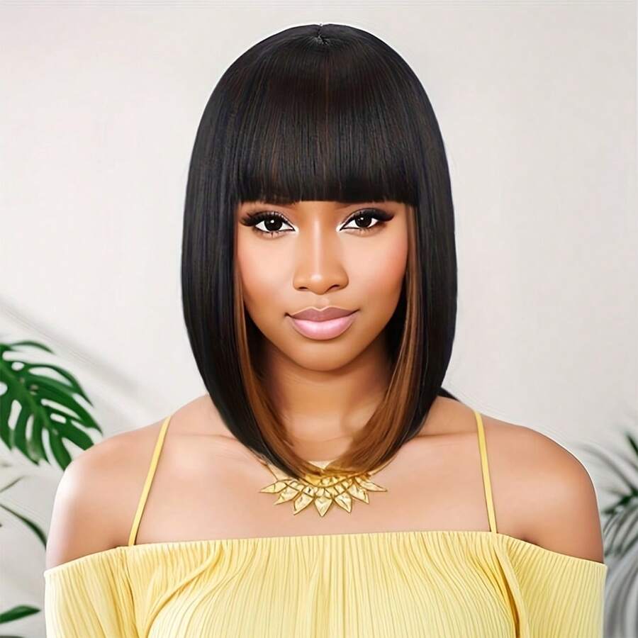 Mixed Brown Color Short Bob Wigs With Bangs 10 Inch Straight Wigs For Women Natural Synthetic Hair Replacement Wigs Heat Resistant Wigs For Daily Party Halloween Party - Black-brown - View 1