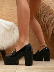 金属链条粗跟尖头漆皮乐福鞋，适合职场女性；中跟女鞋；高跟加厚漆皮乐福鞋，适合办公室女士；黑色软皮高跟玛丽珍鞋 - 黑色 - 查看 6