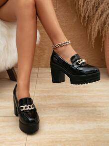 金属链条粗跟尖头漆皮乐福鞋，适合职场女性；中跟女鞋；高跟加厚漆皮乐福鞋，适合办公室女士；黑色软皮高跟玛丽珍鞋 - 黑色 - 查看 3