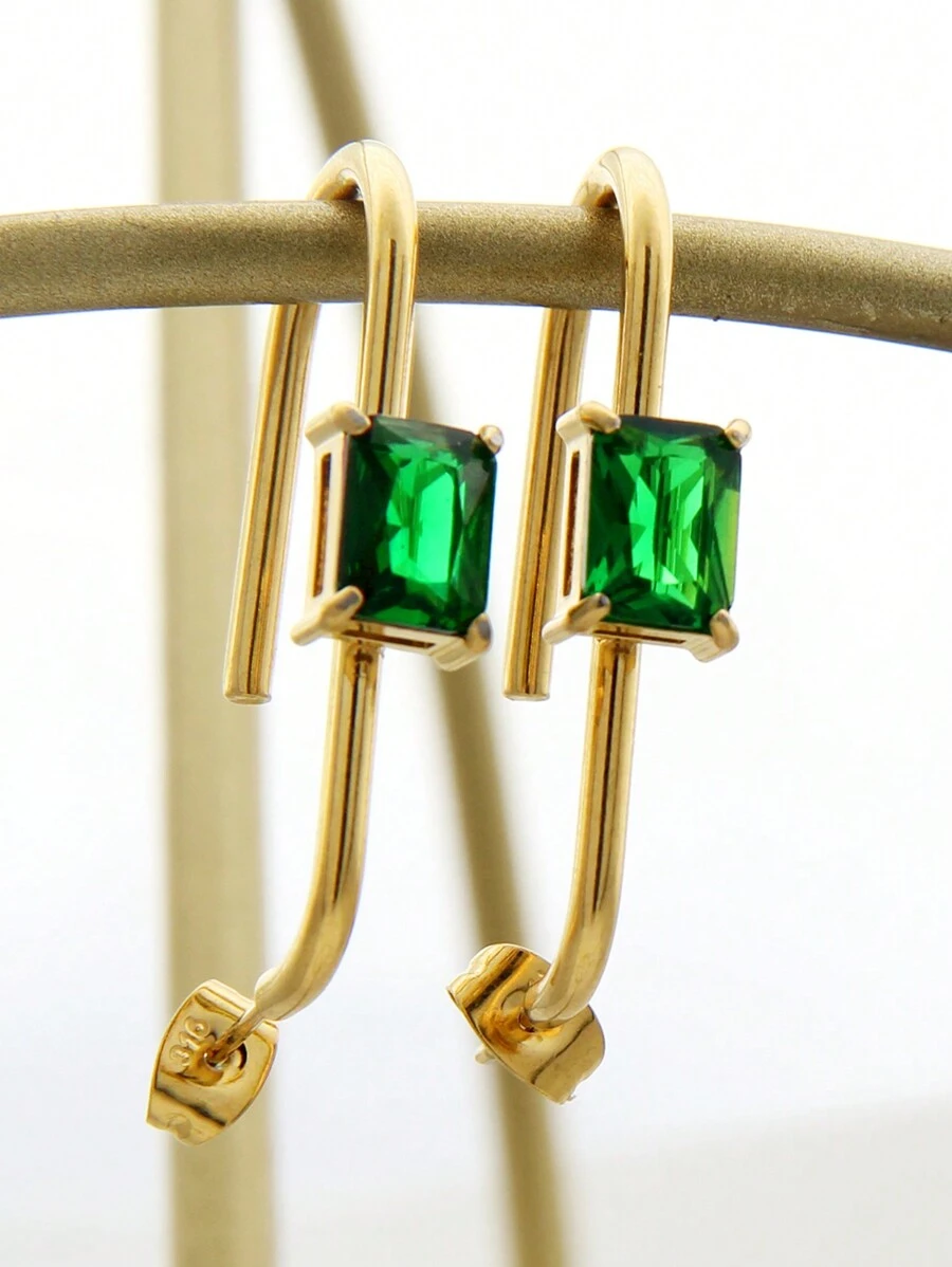 1pair 18k Gold Plated Cubic Zirconia Geometric Circle Design Earrings, Ideal For Women's Daily Wear, Valentine's Day, Festival Gift, Black/White/Blue/Green/Pink - Green - View 1